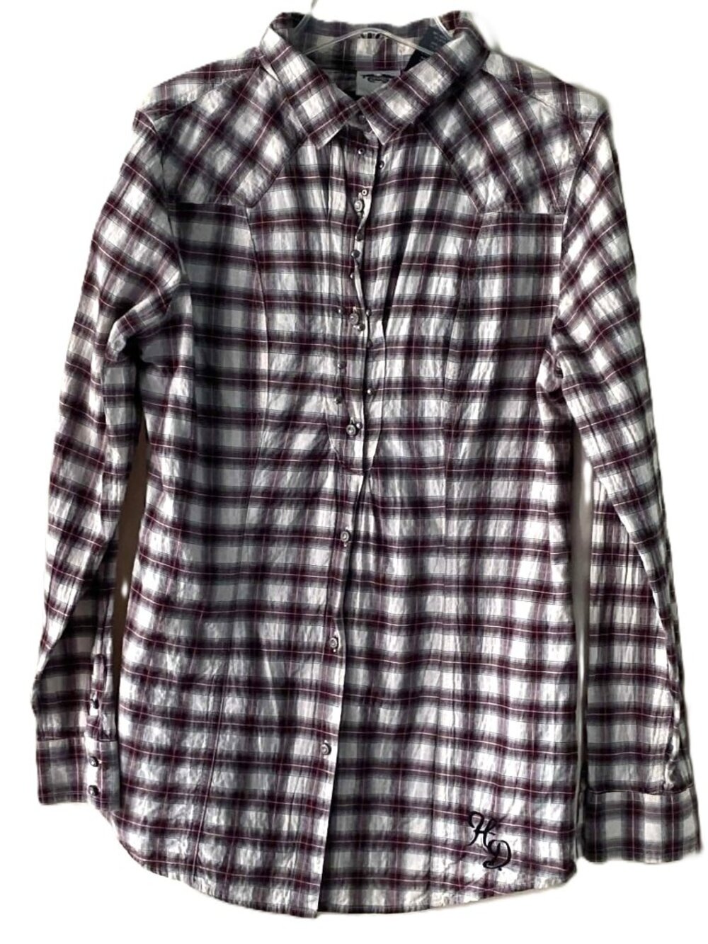 Harley Davidson Womens M Plaid Western Shirt Angel Wings Rhinestone Runs Small S